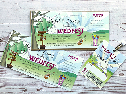 Festival Wedding invitations with Festival place setting Lanyard